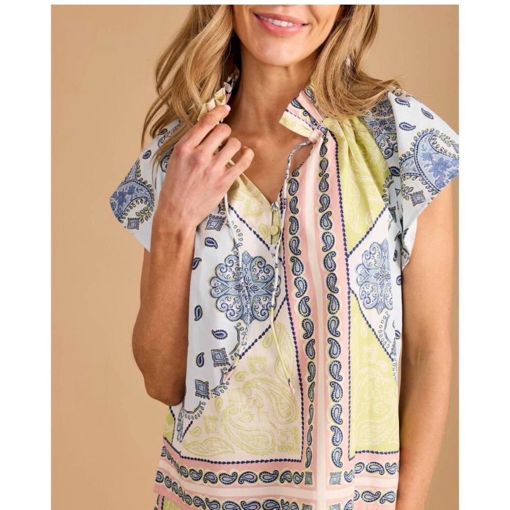 Paisley Mix V-Neck Cap Sleeve Blouse - Pastel Multi